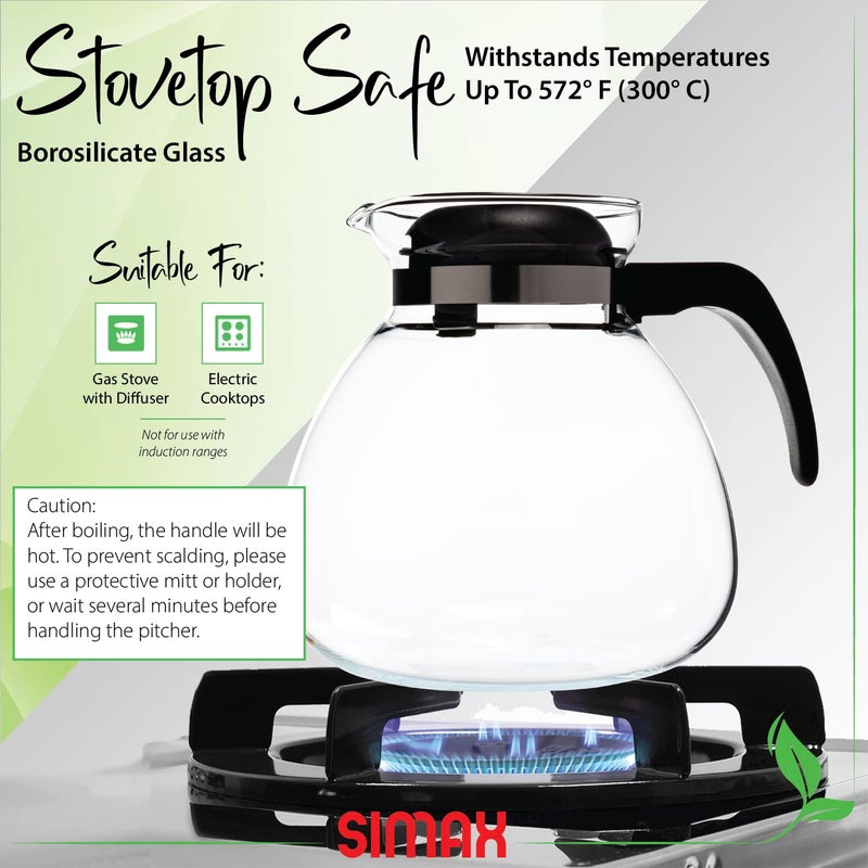 Simax Glassware 2.5 Quart Glass Teapot | Short Spout, Stay Cool Plastic Handle and Lid, Stovetop and Dishwasher Safe, Heat, Cold, and Thermal Shock Resistant Borosilicate Glass - Image 3